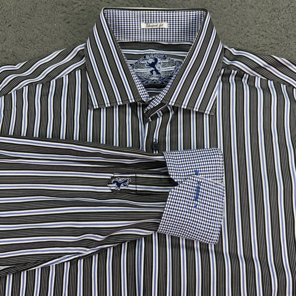 Bugatchi Button Up Shirt Mens L Black Blue Striped Shaped Fit Long Sleeve